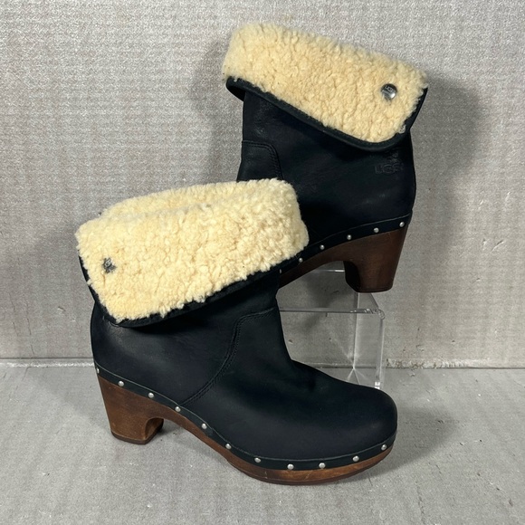 UGG S/N 3207 LYNNEA BLACK LEATHER SHEARLING SHERPA BOOTS WOMENS SIZE 7 - Picture 1 of 12